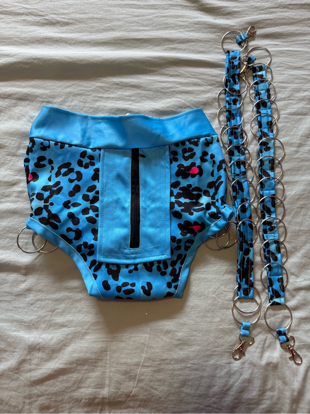 NWOT Handmade Rave Outfit Blue Leopard-Print Strappy Set with Ring Details - Picture 4 of 8